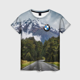 Женская футболка 3D с принтом BMW в Тюмени, 100% полиэфир ( синтетическое хлопкоподобное полотно) | прямой крой, круглый вырез горловины, длина до линии бедер | asphalt | bmw | clouds | forest | mountains | nature | road | route | sky | snow | top | асфальт | бмв | вершина | горы | дорога | лес | небо | облака | природа | снег | трасса