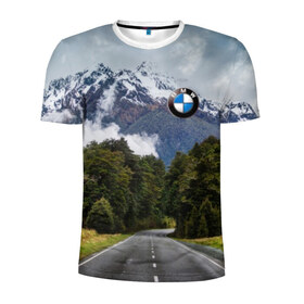 Мужская футболка 3D спортивная с принтом BMW в Тюмени, 100% полиэстер с улучшенными характеристиками | приталенный силуэт, круглая горловина, широкие плечи, сужается к линии бедра | asphalt | bmw | clouds | forest | mountains | nature | road | route | sky | snow | top | асфальт | бмв | вершина | горы | дорога | лес | небо | облака | природа | снег | трасса