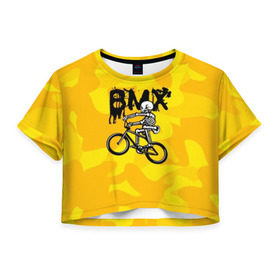 Женская футболка Cropp-top с принтом BMX в Тюмени, 100% полиэстер | круглая горловина, длина футболки до линии талии, рукава с отворотами | bike | bmx | bones | extreme | skeleton | skull | sport | велосипед | скелет | спорт | череп | экстрим