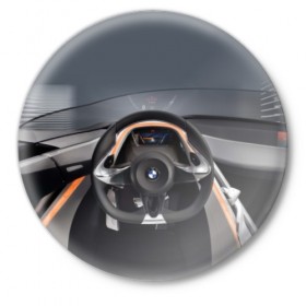 Значок с принтом BMW в Тюмени,  металл | круглая форма, металлическая застежка в виде булавки | Тематика изображения на принте: bmw | car | car interior | steering | windshield | автомобиль | бмв | лобовое стекло | руль | салон