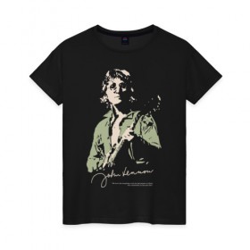Женская футболка хлопок с принтом Джон Леннон в Тюмени, 100% хлопок | прямой крой, круглый вырез горловины, длина до линии бедер, слегка спущенное плечо | активист | бас гитара | британский | гитара | губная гармоника | клавишные | композитор | музыкант | певец | писатель | поэт | рок | художник