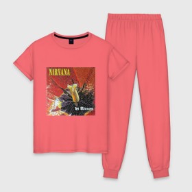 Женская пижама хлопок с принтом Nirvana In Bloom в Тюмени, 100% хлопок | брюки и футболка прямого кроя, без карманов, на брюках мягкая резинка на поясе и по низу штанин | Тематика изображения на принте: kurt cobain | music | nirvana | rock | кобейн | курт | курт кобейн | музыка | нирвана | рок