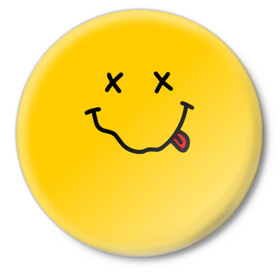 Значок с принтом NIRVANA SMILE в Тюмени,  металл | круглая форма, металлическая застежка в виде булавки | music | nirvana | rip smile | rock | smile | группа | курт кобейн | музыка | нирвана | рок | смайл