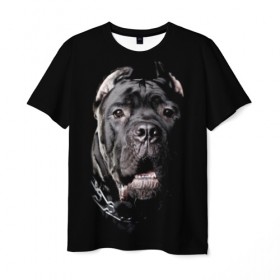 Мужская футболка 3D с принтом Мастиф в Тюмени, 100% полиэфир | прямой крой, круглый вырез горловины, длина до линии бедер | animal | black | collar | dog | friend | look | man | muzzle | взгляд | друг | животное | мастиф | ошейник | пёс | собака | человека | черный