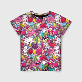 Детская футболка 3D с принтом Девчачьи радости в Тюмени, 100% гипоаллергенный полиэфир | прямой крой, круглый вырез горловины, длина до линии бедер, чуть спущенное плечо, ткань немного тянется | cat | clou | crown | flower | funny | graffiti | heart | kitten | lips | lollipop | shoes | sneakers | strawberry | unicorn | граффити | губы | единорог | звезда | кеды | клубника | корона | кот | котёнок | леденец | мороженое | облако | обувь | помада | 