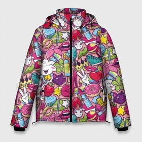 Мужская зимняя куртка 3D с принтом Девчачьи радости в Тюмени, верх — 100% полиэстер; подкладка — 100% полиэстер; утеплитель — 100% полиэстер | длина ниже бедра, свободный силуэт Оверсайз. Есть воротник-стойка, отстегивающийся капюшон и ветрозащитная планка. 

Боковые карманы с листочкой на кнопках и внутренний карман на молнии. | Тематика изображения на принте: cat | clou | crown | flower | funny | graffiti | heart | kitten | lips | lollipop | shoes | sneakers | strawberry | unicorn | граффити | губы | единорог | звезда | кеды | клубника | корона | кот | котёнок | леденец | мороженое | облако | обувь | помада | 