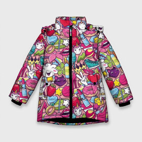 Зимняя куртка для девочек 3D с принтом Девчачьи радости в Тюмени, ткань верха — 100% полиэстер; подклад — 100% полиэстер, утеплитель — 100% полиэстер. | длина ниже бедра, удлиненная спинка, воротник стойка и отстегивающийся капюшон. Есть боковые карманы с листочкой на кнопках, утяжки по низу изделия и внутренний карман на молнии. 

Предусмотрены светоотражающий принт на спинке, радужный светоотражающий элемент на пуллере молнии и на резинке для утяжки. | cat | clou | crown | flower | funny | graffiti | heart | kitten | lips | lollipop | shoes | sneakers | strawberry | unicorn | граффити | губы | единорог | звезда | кеды | клубника | корона | кот | котёнок | леденец | мороженое | облако | обувь | помада | 