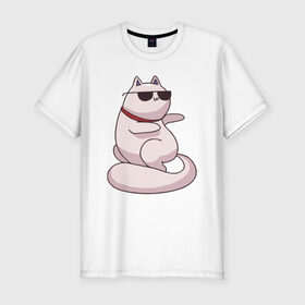 Мужская футболка премиум с принтом Крутой кот в Тюмени, 92% хлопок, 8% лайкра | приталенный силуэт, круглый вырез ворота, длина до линии бедра, короткий рукав | кот | котики | котяра | кошка | милый | паттерн | прикольный | пушистик | рыжий | смешной