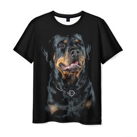 Мужская футболка 3D с принтом Ротвейлер в Тюмени, 100% полиэфир | прямой крой, круглый вырез горловины, длина до линии бедер | animal | black | breed | collar | dog | friend | glance | gloss | man | muzzle | rottweiler | взгляд | друг | животное | лоск | ошейник | пёс | порода | ротвейлер | собака | человека | черный