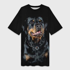Платье-футболка 3D с принтом Ротвейлер в Тюмени,  |  | animal | black | breed | collar | dog | friend | glance | gloss | man | muzzle | rottweiler | взгляд | друг | животное | лоск | ошейник | пёс | порода | ротвейлер | собака | человека | черный