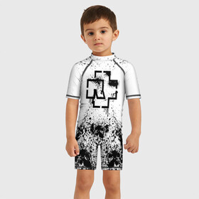 Детский купальный костюм 3D с принтом RAMMSTEIN в Тюмени, Полиэстер 85%, Спандекс 15% | застежка на молнии на спине | metallica | music | rammstein | rock | брызги | краски | металл | металлика | музыка | раммштайн | рок | рок группа