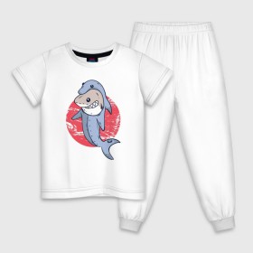Детская пижама хлопок с принтом Акула в костюме Дельфина в Тюмени, 100% хлопок |  брюки и футболка прямого кроя, без карманов, на брюках мягкая резинка на поясе и по низу штанин
 | 