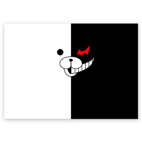 Поздравительная открытка с принтом MONOKUMA (КАПЮШОН) | МОНОКУМА в Тюмени, 100% бумага | плотность бумаги 280 г/м2, матовая, на обратной стороне линовка и место для марки
 | Тематика изображения на принте: anime | bear | black  white | danganronpa | kurokuma | monodam | monokuma | monomi | monotaro | pink | rabbit | school | shirokuma | аниме | главарь | мoноми | монокума | черно белый | школа