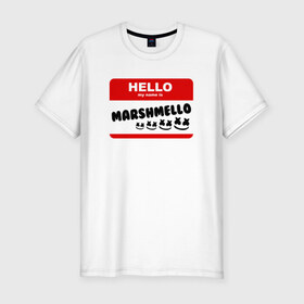 Мужская футболка премиум с принтом MARSHMELLO в Тюмени, 92% хлопок, 8% лайкра | приталенный силуэт, круглый вырез ворота, длина до линии бедра, короткий рукав | Тематика изображения на принте: dj | marshmello | music | smile | зефир | маршмелоу | музыка