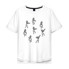 Мужская футболка хлопок Oversize с принтом Кокопелли в Тюмени, 100% хлопок | свободный крой, круглый ворот, “спинка” длиннее передней части | Тематика изображения на принте: божество | дудочка | индейцы | кокопелли | танец | человечек | человечки