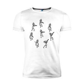 Мужская футболка премиум с принтом Кокопелли в Тюмени, 92% хлопок, 8% лайкра | приталенный силуэт, круглый вырез ворота, длина до линии бедра, короткий рукав | Тематика изображения на принте: божество | дудочка | индейцы | кокопелли | танец | человечек | человечки