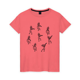 Женская футболка хлопок с принтом Кокопелли в Тюмени, 100% хлопок | прямой крой, круглый вырез горловины, длина до линии бедер, слегка спущенное плечо | божество | дудочка | индейцы | кокопелли | танец | человечек | человечки