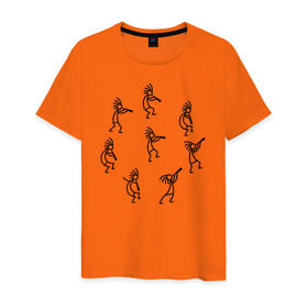 Мужская футболка хлопок с принтом Кокопелли в Тюмени, 100% хлопок | прямой крой, круглый вырез горловины, длина до линии бедер, слегка спущенное плечо. | божество | дудочка | индейцы | кокопелли | танец | человечек | человечки