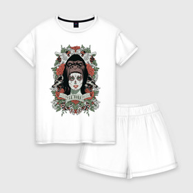 Женская пижама с шортиками хлопок с принтом Жизнь в Тюмени, 100% хлопок | футболка прямого кроя, шорты свободные с широкой мягкой резинкой | волк | девушка | обезьяна | роза | татуировка