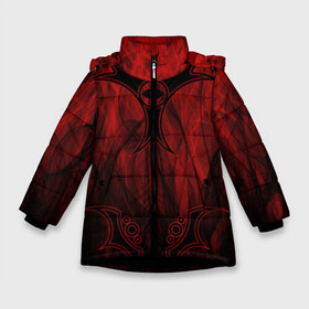 Зимняя куртка для девочек 3D с принтом Red-n-black okto в Тюмени, ткань верха — 100% полиэстер; подклад — 100% полиэстер, утеплитель — 100% полиэстер. | длина ниже бедра, удлиненная спинка, воротник стойка и отстегивающийся капюшон. Есть боковые карманы с листочкой на кнопках, утяжки по низу изделия и внутренний карман на молнии. 

Предусмотрены светоотражающий принт на спинке, радужный светоотражающий элемент на пуллере молнии и на резинке для утяжки. | okto | байкер | всевидящее око | геометрия | красный | мото | огонь | узор | чёрный