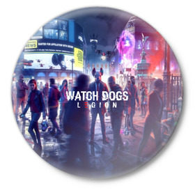 Значок с принтом WATCH DOGS LEGION в Тюмени,  металл | круглая форма, металлическая застежка в виде булавки | action | ct os | ded sec | fox | game | hacker | legion | watch dogs | watch dogs 2 | watch dogs legion | знак лиса | игра | компьютерная игра | легион | хакер