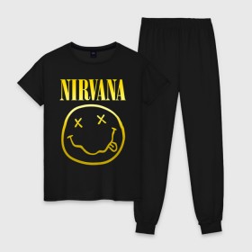 Женская пижама хлопок с принтом NIRVANA (НА СПИНЕ) в Тюмени, 100% хлопок | брюки и футболка прямого кроя, без карманов, на брюках мягкая резинка на поясе и по низу штанин | nirvana | альтернативный рок | гранж | группа | курт кобейн | логотип нирвана | музыка | нирвана | песни | рок