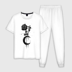 Мужская пижама хлопок с принтом Черная Роза с Луной в Тюмени, 100% хлопок | брюки и футболка прямого кроя, без карманов, на брюках мягкая резинка на поясе и по низу штанин
 | абстракция | луна | роза | розы