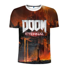 Мужская футболка 3D спортивная с принтом DOOM Eternal в Тюмени, 100% полиэстер с улучшенными характеристиками | приталенный силуэт, круглая горловина, широкие плечи, сужается к линии бедра | bethesda | dead | death | doom | doom eternal | game | games | metal | monster | ps4 | space | steam | xbox | дум | игра | космос | метал | меч | экшн