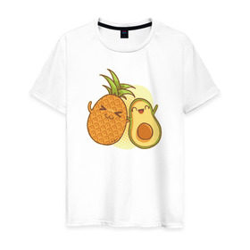 Мужская футболка хлопок с принтом Ананас и Авокадо в Тюмени, 100% хлопок | прямой крой, круглый вырез горловины, длина до линии бедер, слегка спущенное плечо. | summer | еда | летние | лето | фрукты