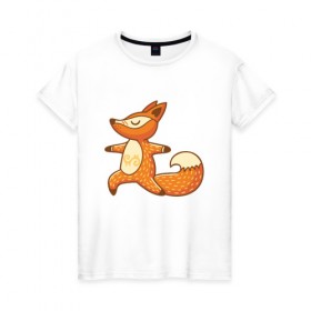Женская футболка хлопок с принтом Лисенок занимается йогой в Тюмени, 100% хлопок | прямой крой, круглый вырез горловины, длина до линии бедер, слегка спущенное плечо | fox | гимнастика | йога | лис | лиса | лисенок | рыжая | упражнения
