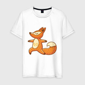 Мужская футболка хлопок с принтом Лисенок занимается йогой в Тюмени, 100% хлопок | прямой крой, круглый вырез горловины, длина до линии бедер, слегка спущенное плечо. | fox | гимнастика | йога | лис | лиса | лисенок | рыжая | упражнения