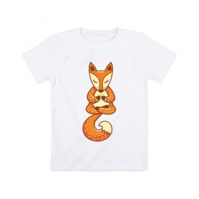Детская футболка хлопок с принтом Лисенок занимается йогой в Тюмени, 100% хлопок | круглый вырез горловины, полуприлегающий силуэт, длина до линии бедер | Тематика изображения на принте: fox | гимнастика | йога | лис | лиса | лисенок | рыжая | упражнения