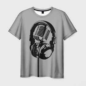 Мужская футболка 3D с принтом Микрофон в Тюмени, 100% полиэфир | прямой крой, круглый вырез горловины, длина до линии бедер | black | gray | headphones | microphone | music | music lover | sound | звук | меломан | микрофон | музыка | наушники | серый | черный
