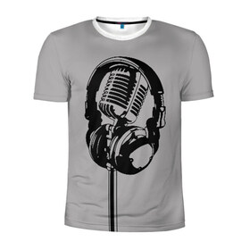 Мужская футболка 3D спортивная с принтом Микрофон в Тюмени, 100% полиэстер с улучшенными характеристиками | приталенный силуэт, круглая горловина, широкие плечи, сужается к линии бедра | black | gray | headphones | microphone | music | music lover | sound | звук | меломан | микрофон | музыка | наушники | серый | черный