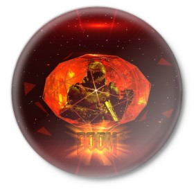 Значок с принтом Doom Enternal в Тюмени,  металл | круглая форма, металлическая застежка в виде булавки | 3d | doom enternal | игра | компьютерная | логотип | темный | шутер
