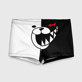 Детские купальные плавки 3D с принтом Monokuma открыл рот в Тюмени, Полиэстер 85%, Спандекс 15% | Слитный крой, подклад по переду изделия, узкие бретели | Тематика изображения на принте: anime | bear | black  white | danganronpa | kurokuma | monodam | monokuma | monomi | monotaro | pink | rabbit | school | shirokuma | аниме | главарь | мoноми | монокума | черно белый | школа