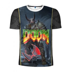Мужская футболка 3D спортивная с принтом Doom Enternal в Тюмени, 100% полиэстер с улучшенными характеристиками | приталенный силуэт, круглая горловина, широкие плечи, сужается к линии бедра | 3d | doom enternal | игра | компьютерная | логотип | темный | шутер