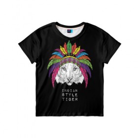 Детская футболка 3D с принтом Indian style tiger в Тюмени, 100% гипоаллергенный полиэфир | прямой крой, круглый вырез горловины, длина до линии бедер, чуть спущенное плечо, ткань немного тянется | Тематика изображения на принте: animal | ethnic | feathers | multicolored | muzzle | predator | tiger | животное | перья | разноцветный | тигр | этнический