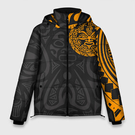 Мужская зимняя куртка 3D с принтом Polynesian tattoo в Тюмени, верх — 100% полиэстер; подкладка — 100% полиэстер; утеплитель — 100% полиэстер | длина ниже бедра, свободный силуэт Оверсайз. Есть воротник-стойка, отстегивающийся капюшон и ветрозащитная планка. 

Боковые карманы с листочкой на кнопках и внутренний карман на молнии. | Тематика изображения на принте: polynesian | tattoo | волна | геометрия | завитушка | маори | маска | орнамент. золото | полинезия | татуировка | татуха | трайбл | узор | черепаха | ящерица. солнце