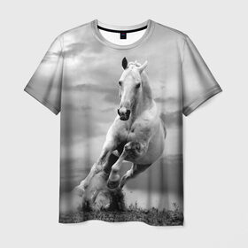 Мужская футболка 3D с принтом Белая лошадь в Тюмени, 100% полиэфир | прямой крой, круглый вырез горловины, длина до линии бедер | Тематика изображения на принте: animal | beautiful | gloss | horse | mane | mustang | muzzle | nature | white | wild | белый | грива | дикий | животное | конь | красивый | лоск | лошадь | мустанг | природа | скакун