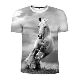 Мужская футболка 3D спортивная с принтом Белая лошадь в Тюмени, 100% полиэстер с улучшенными характеристиками | приталенный силуэт, круглая горловина, широкие плечи, сужается к линии бедра | animal | beautiful | gloss | horse | mane | mustang | muzzle | nature | white | wild | белый | грива | дикий | животное | конь | красивый | лоск | лошадь | мустанг | природа | скакун