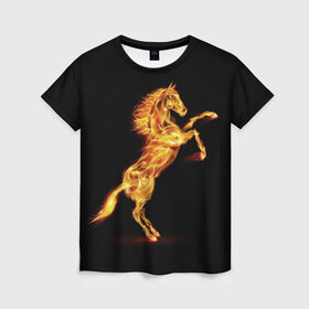 Женская футболка 3D с принтом Огненная лошадь в Тюмени, 100% полиэфир ( синтетическое хлопкоподобное полотно) | прямой крой, круглый вырез горловины, длина до линии бедер | animal | beautiful | black | fiery | fire | hooves | horse | mane | wild | грива | дикий | животное | конь | копыта | красивый | лошадь | огненный | огонь | скакун | черный