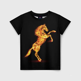 Детская футболка 3D с принтом Огненная лошадь в Тюмени, 100% гипоаллергенный полиэфир | прямой крой, круглый вырез горловины, длина до линии бедер, чуть спущенное плечо, ткань немного тянется | Тематика изображения на принте: animal | beautiful | black | fiery | fire | hooves | horse | mane | wild | грива | дикий | животное | конь | копыта | красивый | лошадь | огненный | огонь | скакун | черный