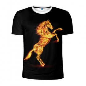 Мужская футболка 3D спортивная с принтом Огненная лошадь в Тюмени, 100% полиэстер с улучшенными характеристиками | приталенный силуэт, круглая горловина, широкие плечи, сужается к линии бедра | animal | beautiful | black | fiery | fire | hooves | horse | mane | wild | грива | дикий | животное | конь | копыта | красивый | лошадь | огненный | огонь | скакун | черный