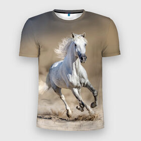 Мужская футболка 3D спортивная с принтом Белый конь в Тюмени, 100% полиэстер с улучшенными характеристиками | приталенный силуэт, круглая горловина, широкие плечи, сужается к линии бедра | Тематика изображения на принте: animal | beautiful | desert | gloss | horse | mane | mustang | muzzle | nature | sand | white | wild | белый | грива | дикий | животное | конь | красивый | лоск | лошадь | мустанг | песок | природа | пустыня | скакун