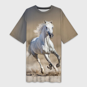 Платье-футболка 3D с принтом Белый конь в Тюмени,  |  | animal | beautiful | desert | gloss | horse | mane | mustang | muzzle | nature | sand | white | wild | белый | грива | дикий | животное | конь | красивый | лоск | лошадь | мустанг | песок | природа | пустыня | скакун