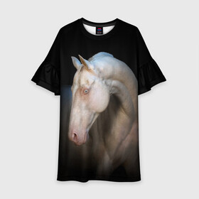 Детское платье 3D с принтом Белая лошадь в Тюмени, 100% полиэстер | прямой силуэт, чуть расширенный к низу. Круглая горловина, на рукавах — воланы | animal | black | breed | horse | muscle | muzzle | strength | unusual | white | белый | животное | конь | лошадь | мышцы | необычный | порода | сила | скакун