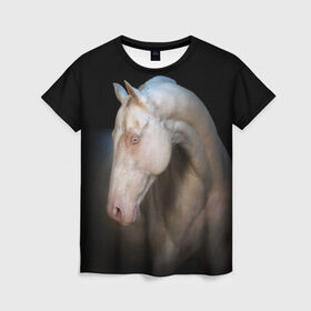 Женская футболка 3D с принтом Белая лошадь в Тюмени, 100% полиэфир ( синтетическое хлопкоподобное полотно) | прямой крой, круглый вырез горловины, длина до линии бедер | animal | black | breed | horse | muscle | muzzle | strength | unusual | white | белый | животное | конь | лошадь | мышцы | необычный | порода | сила | скакун