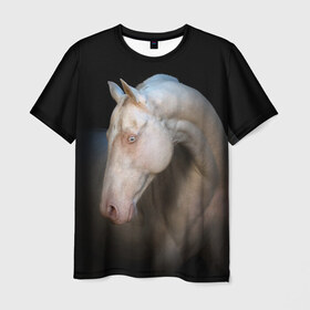 Мужская футболка 3D с принтом Белая лошадь в Тюмени, 100% полиэфир | прямой крой, круглый вырез горловины, длина до линии бедер | Тематика изображения на принте: animal | black | breed | horse | muscle | muzzle | strength | unusual | white | белый | животное | конь | лошадь | мышцы | необычный | порода | сила | скакун