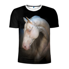 Мужская футболка 3D спортивная с принтом Белая лошадь в Тюмени, 100% полиэстер с улучшенными характеристиками | приталенный силуэт, круглая горловина, широкие плечи, сужается к линии бедра | Тематика изображения на принте: animal | black | breed | horse | muscle | muzzle | strength | unusual | white | белый | животное | конь | лошадь | мышцы | необычный | порода | сила | скакун